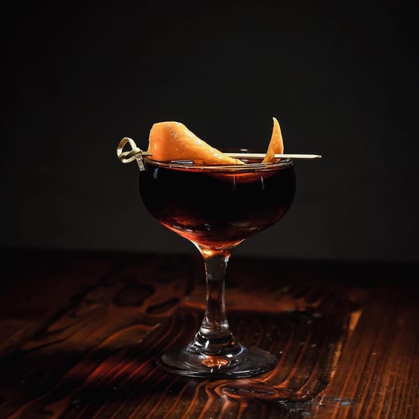 Dark cocktail in a coupe glass, garnished with an orange peel, on a wooden table.