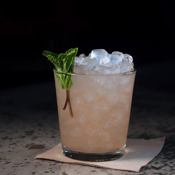A refreshing cocktail with crushed ice and a mint sprig, served on a coaster.